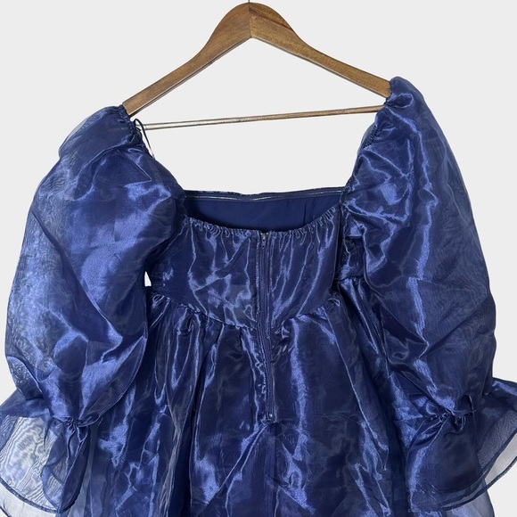 Windsor Navy Organza Puff Sleeve Babydoll Mini Dress XS Fairy Coquette Milkmaid - Picture 9 of 11